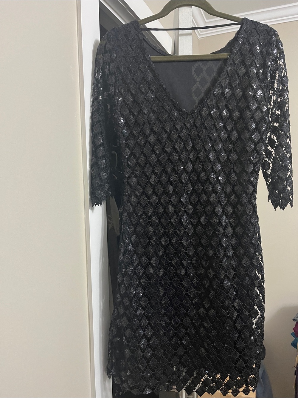 Black Sequin Lace V-Neck Women's Dress